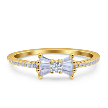 Ribbon Bow Ring Baguette Cubic Zirconia Yellow Tone 925 Sterling Silver